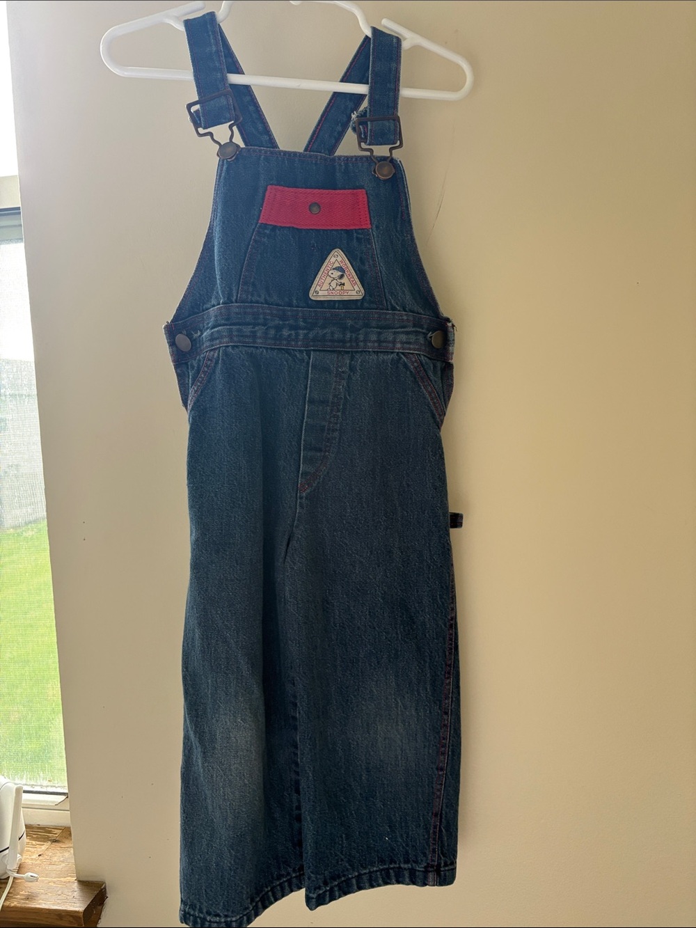 Peanuts Dark Blue Denim Overalls with Red Pocket Accent